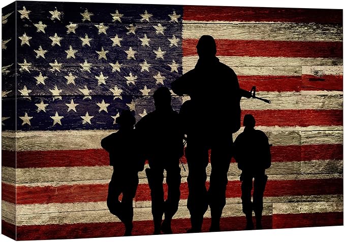 wall26 Canvas Print Wall Art Silhouette of American Soldiers with Flag on Wood Pop Culture Cultural Digital Art Modern Art Traditional Colorful for Living Room, Bedroom, Office - 32"x48"
