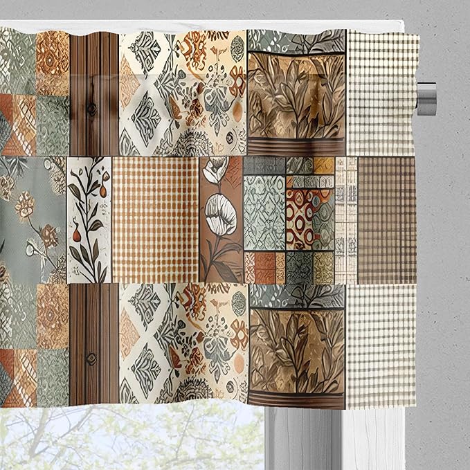 Ambesonne Boho Valance & Tier Curtain 3 pcs Set, Vintage Style Bohemian Pattern with Spices and Ethnic Patchwork Rectangles, Window Treatments for Kitchen Room Decor, 55" x 24", Taupe Grey Teal Orange