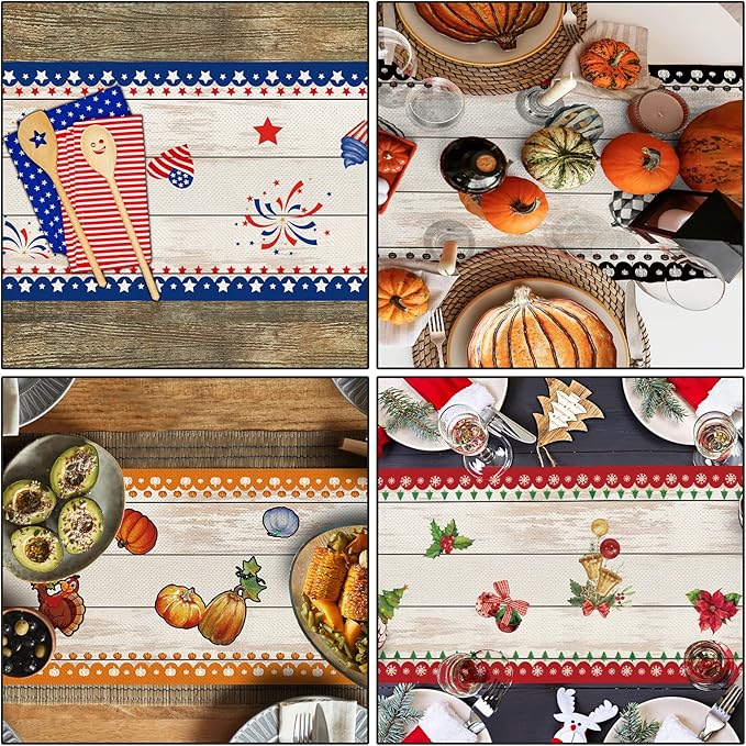 8 Pcs Truck Holiday Table Runner 72 Inches Long, Plaid Valentines Day St Patricks Day Mardi Gras Easter 4th of July Halloween Thanksgiving Day Christmas Burlap Table Decor for Home Party