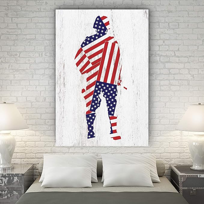 Renditions Gallery Canvas Patriotic Wall Art Home Paintings & Prints Draped American Flag Modern Soldier Canvas Wall Hanging Decorations for Bedroom Office Kitchen - 24"x32" LT25