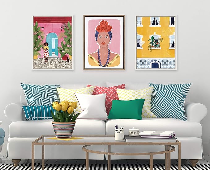Kate and Laurel Sylvie Lisbon Framed Canvas Wall Art by Maja Tomljanovic, 18x24 White, Colorful Feminine Art Decor