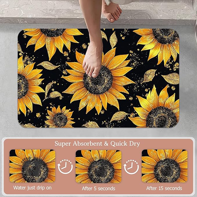 Glittering Sunflowers Bath Mat,Diatomaceous Earth Bath Mat,Rubber Backing Quick Dry Absorbent Washable Bathroom Rugs for Tub Non Slip 17"x29.5"