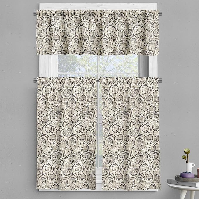 Ambesonne Abstract Valance & Tier Curtain 3 pcs Set, Modern Abstract Wind in The Desert Theme Swirly Illustration Print, Window Treatments for Kitchen Room Decor, 55" x 30", Dusk Dark Taupe Off White