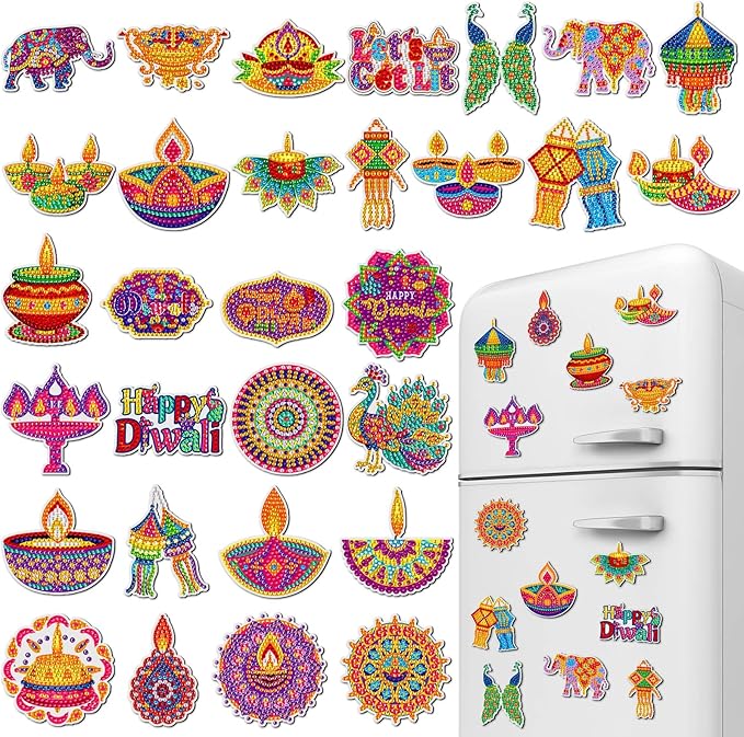 Copkim 30 Pcs Diwali Diamond Art Magnets Kits DIY Happy Diwali Festival Diamond Painting Fridge Magnetic Stickers Gem Art Magnets for Indian Holiday Party Decor Home
