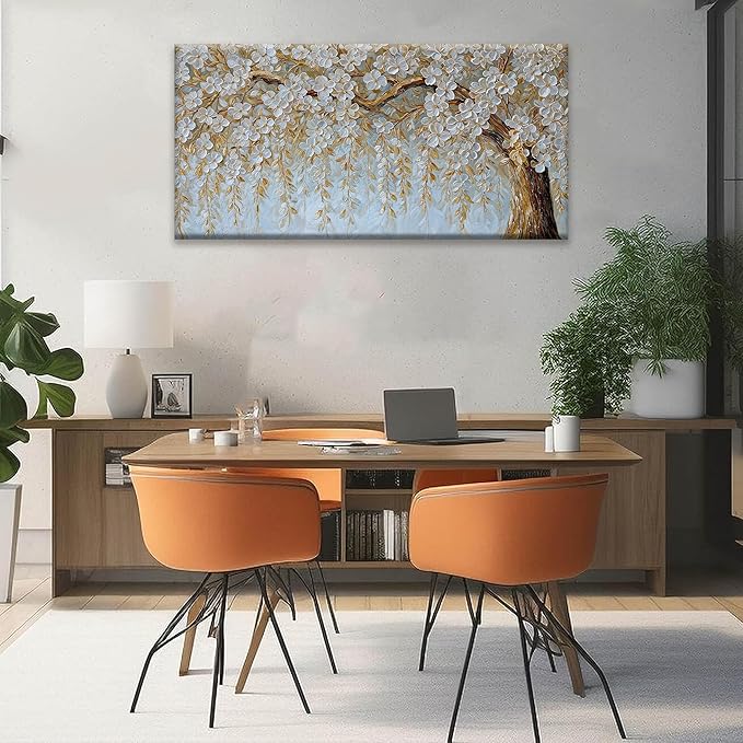 Suconvng Wall Art Living Room Flower White Tree Wall Art Modern Canvas Art Wall Decor Home Wall Decor Suitable Picture For Bedroom Apartment Office Can Be Hung 24" X 48"