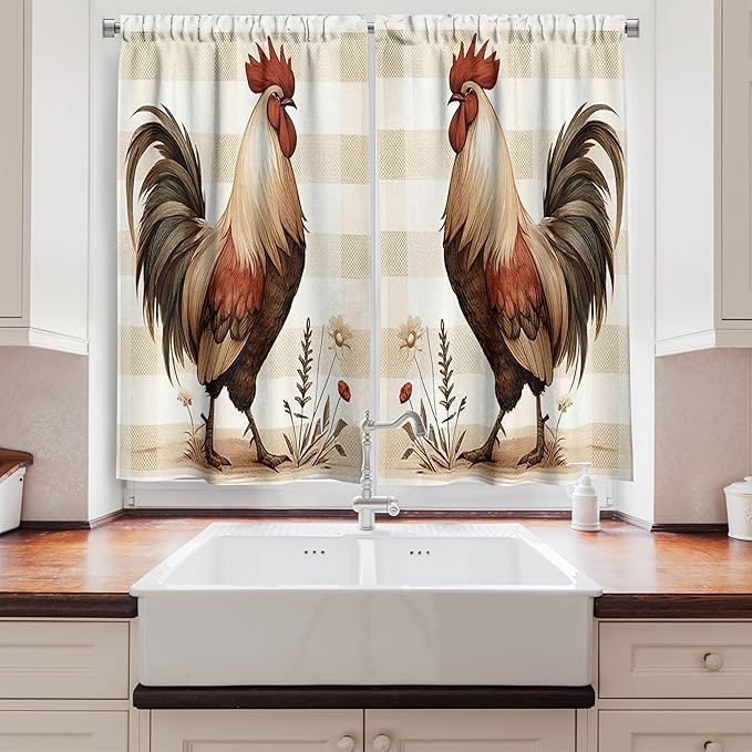 Ambesonne Rooster Kitchen Curtains, Modern Interpretation of Farmhouse Animal Floral with Beige Tones Plaid, Window Drapes 2 Panel Set for Kitchen Cafe Decor, 55" x 24", Tan Taupe and Dark Pink