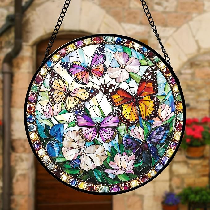 Stained Glass Window Hanging, Colorful Butterfly Suncatcher for Doors Home Sun Catchers Decoration and Christmas, Mother's Day Birthday Gifts for Women, Men, and Mom 6.3 in
