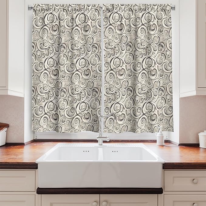 Ambesonne Abstract Long Kitchen Curtains, Contemporary Monochrome Swirly Waves Paint Print Autumn Mysteries, 2 Panel Set Drapes with Rod Pocket Room Decor, 55" x 45", Dusk Dark Taupe Off White