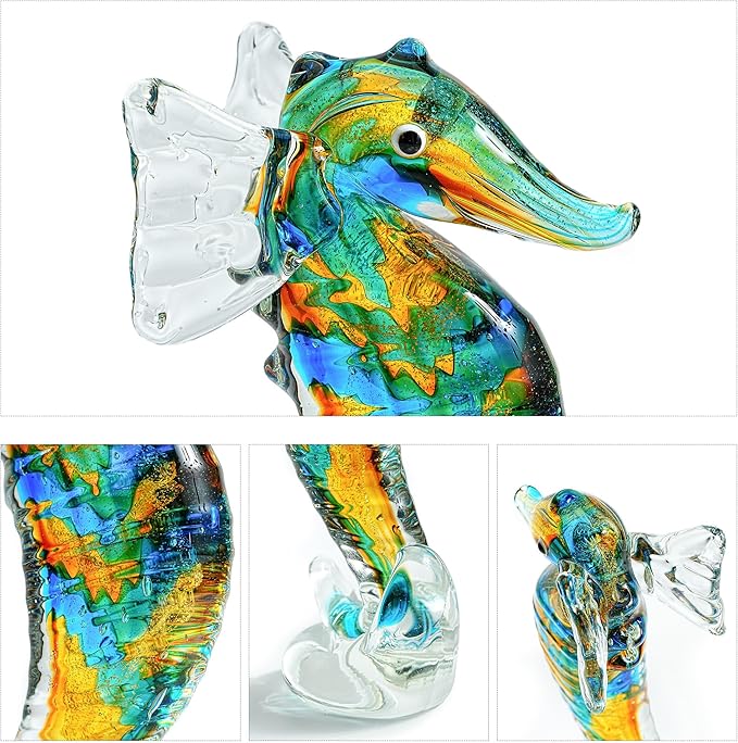 QFkris 8" Handmade Blown Glass Blue Seahorse Figurines Collectible Art Glass Blown Animal Sculpture for Home Decor