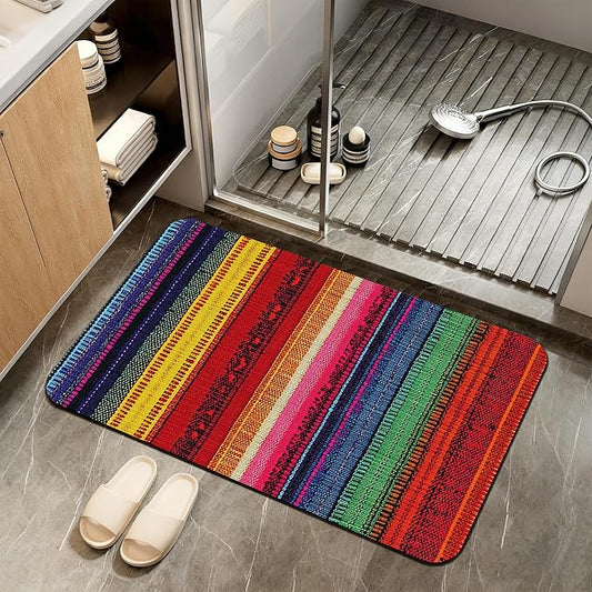 Mexican Bathroom Rugs,Bath Mats for Bathroom,Ethnic Stripes Rainbow Low Pile Absorbent Bath Mat,Rubber Backing Non Slip Washable Thin Quick Dry Door Mat 17x29.5 Inch