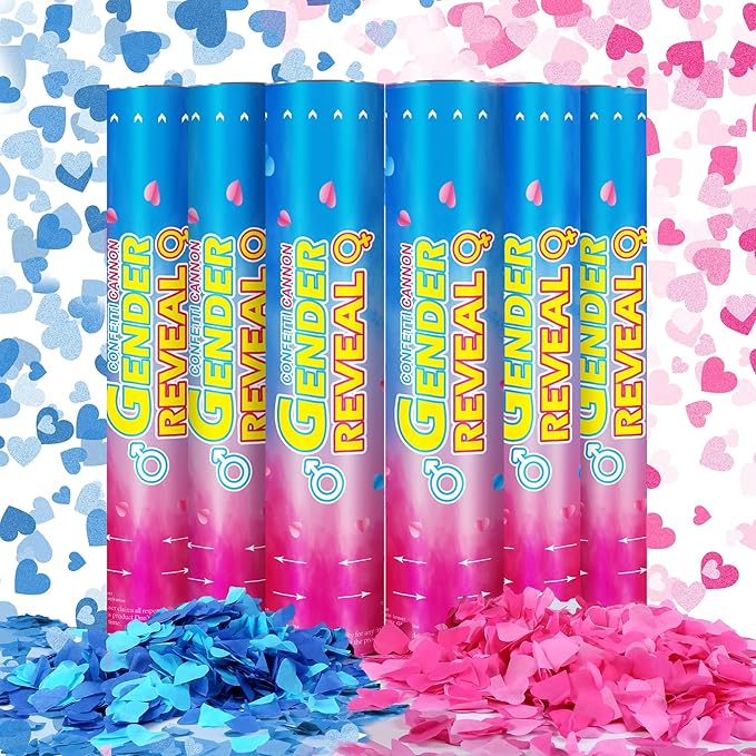 Gender Reveal Confetti Cannons – 6 Pack (3 Blue & 3 Pink) – Baby Gender Reveal Cannon Kit with Heart-Shaped Confetti – Easy Twist Party Poppers for Boy or Girl Baby Reveal Decorations