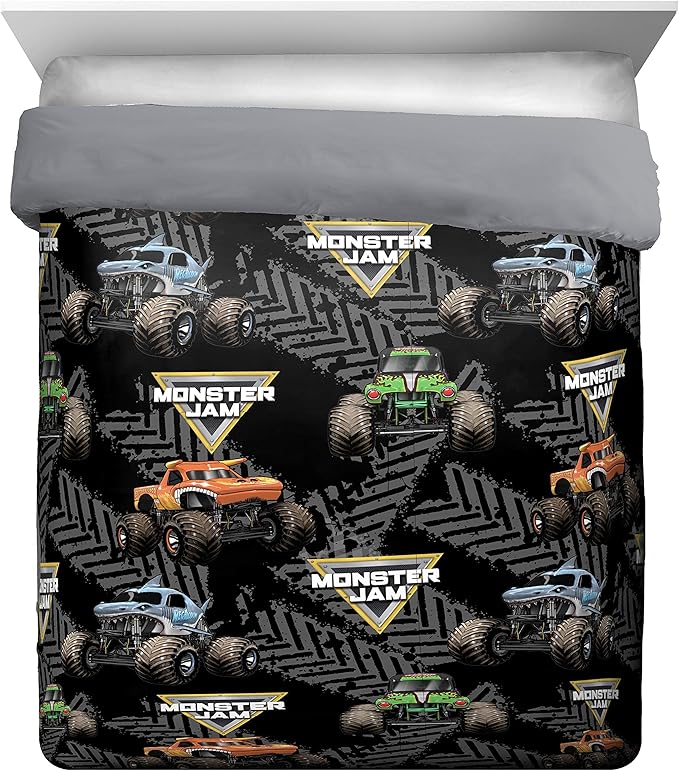 Jay Franco Monster Jam 5 Piece Queen Bed Set - Includes Comforter & Sheet Set - Grave Digger & Megalodon - Super Soft Fade Resistant Microfiber