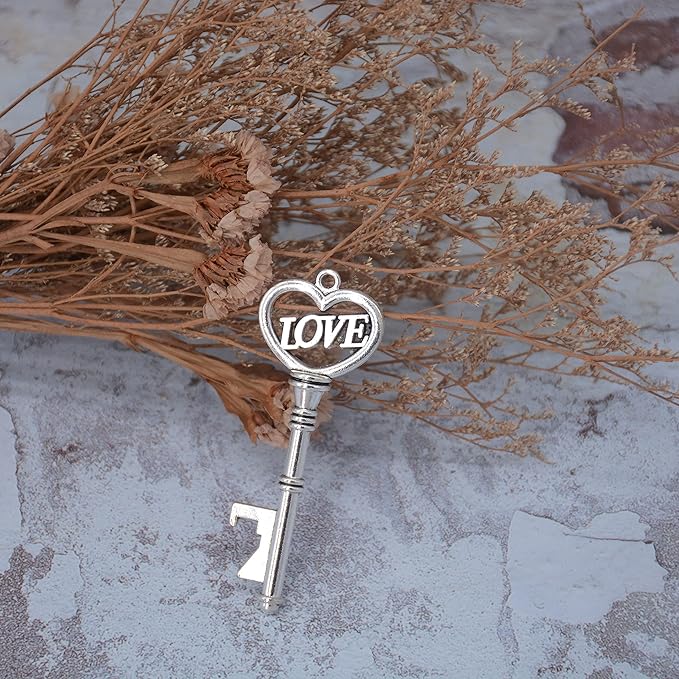 Aokbean 50pcs Skeleton LOVE Key Bottle Openers Pillow Candy Box Escort Thank You Tag Ribbon Wedding Favors Souvenir Gift for Guest Bulk (Antique Silver)