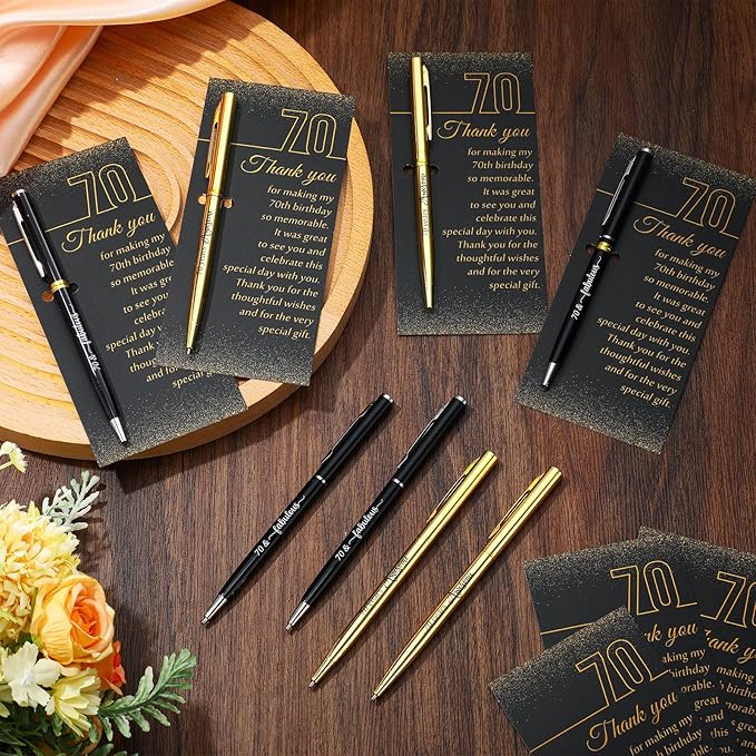 25 Sets 70th Birthday Themed Party Favors for Guests Including Birthday Ballpoint Pens and Black Gold Thank You Cards for Guests New Year Anniversary Appreciation Gifts