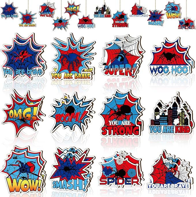 Yookeer 24 Pcs Spider Ornaments Red and Blue Spider Web Wooden Ornaments with Rope Hanging Spiders Decorations Hero Party Decor for Tree Home Wreath Decor