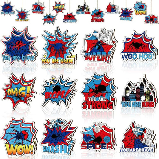 Yookeer 24 Pcs Spider Ornaments Red and Blue Spider Web Wooden Ornaments with Rope Hanging Spiders Decorations Hero Party Decor for Tree Home Wreath Decor