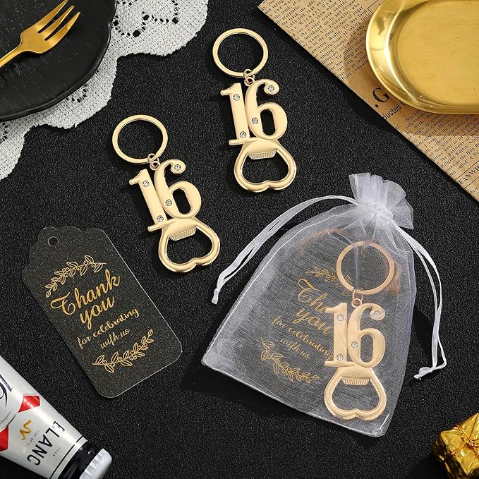 24 pcs 16th Gold Keychain Bottle Opener Birthday Party Favors for Guests,16th Beer Bottle Opener Favors Bulk for 16 Birthday Anniversary Souvenirs Party Decor Supplies (Gold 16th)
