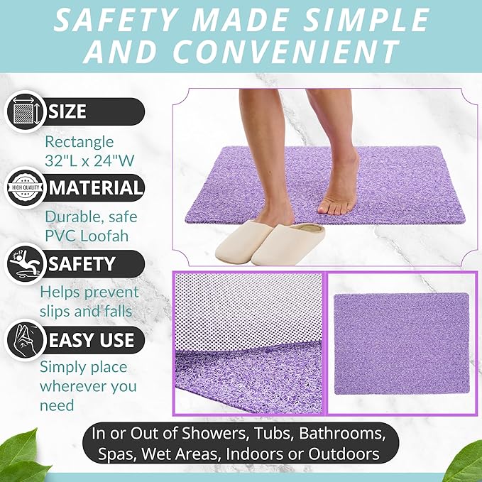 Enkosi Loofah Non-Slip Shower Mat - Shower Floors, Bathtub, Bathrooms, Wet Areas - Cushioned Bath Mat with Drain Holes - Quick Dry PVC, Secure Safety Pad Without Suction Cups (32x24 Purple)