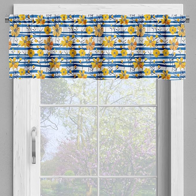Ambesonne Floral Valance & Tier Curtain 3 pcs Set, Contemporary Coastal Vibe Flowers with Horizontal Brushstroke Lines, Window Treatments for Kitchen Room Decor, 55" x 30", Mustard Cobalt Blue White