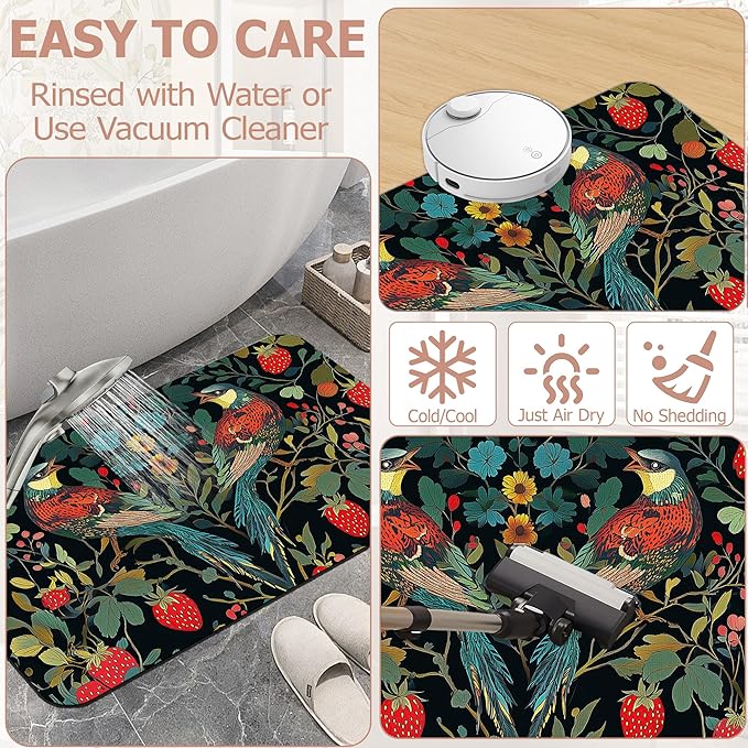 Bath Mat,Strawberry Bird Bathroom Rugs,Quick-Drying Non-Slip Rubber Bath Mats Flower Leaf Absorbent Diatomaceous Earth Mat for Bathroom Home Decor 17"x29.5"