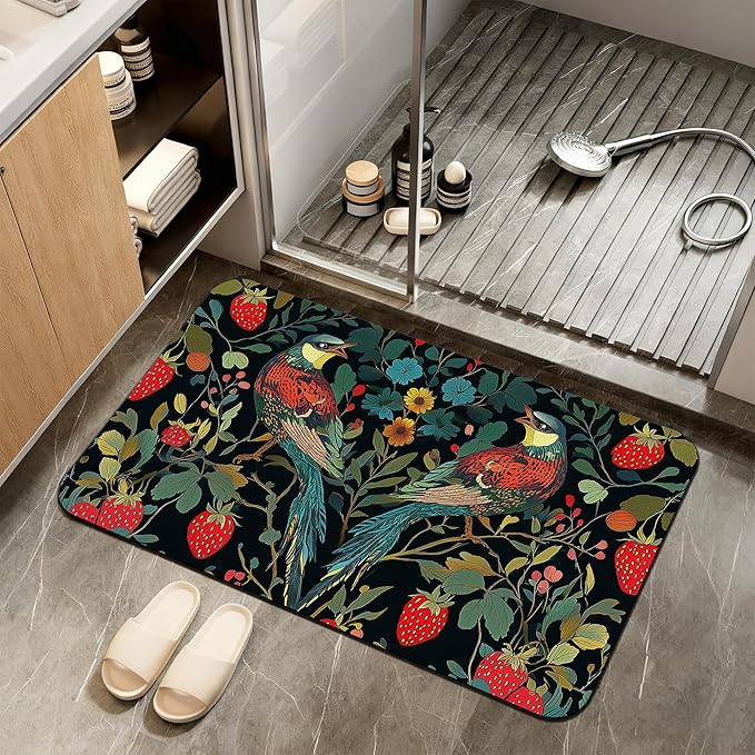 Bath Mat,Strawberry Bird Bathroom Rugs,Quick-Drying Non-Slip Rubber Bath Mats Flower Leaf Absorbent Diatomaceous Earth Mat for Bathroom Home Decor 17"x29.5"