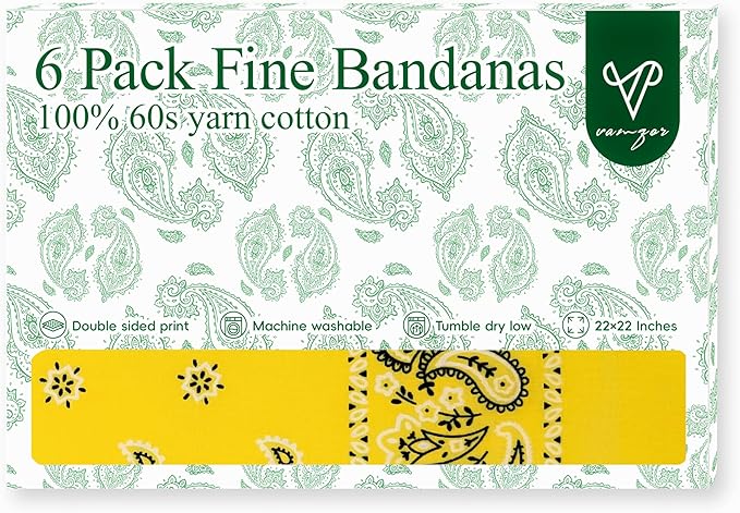 Vamqor Bandanas Gift Box 6 pack,Premium Super Soft 60s Cotton Paisley Bandannas Handkerchiefs for Men,Women and Kids