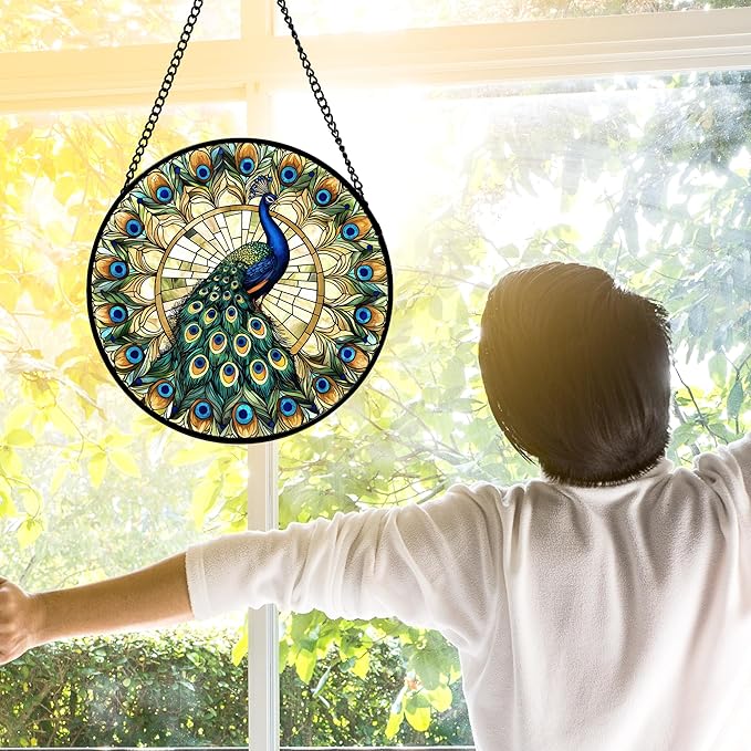 Stained Glass Window Hanging - Retro Peacock Decoration Suncatcher for Door Garden Home Bird Feather Sun Catchers Christmas Mother's Day Birthday Gifts for Women Men Mom Nana Friend 7.8 in