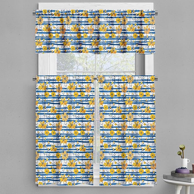 Ambesonne Floral Valance & Tier Curtain 3 pcs Set, Contemporary Coastal Vibe Flowers with Horizontal Brushstroke Lines, Window Treatments for Kitchen Room Decor, 55" x 24", Mustard Cobalt Blue White