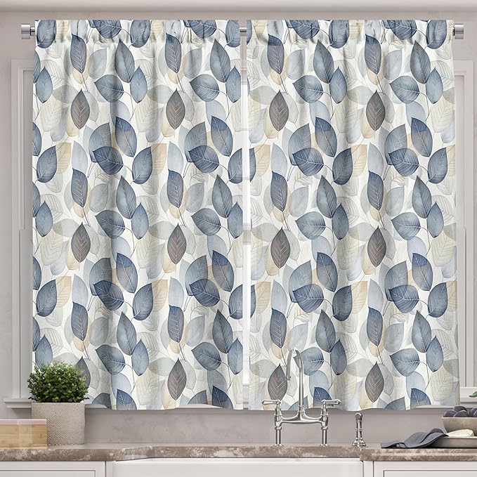 Ambesonne Leaf Art Long Kitchen Curtains, Modern Abstract Autumn Waltz with Cold Tones of Leaves Paint Print, 2 Panel Set Drapes with Rod Pocket Room Decor, 55" x 45", Dark Night Blue and Beige