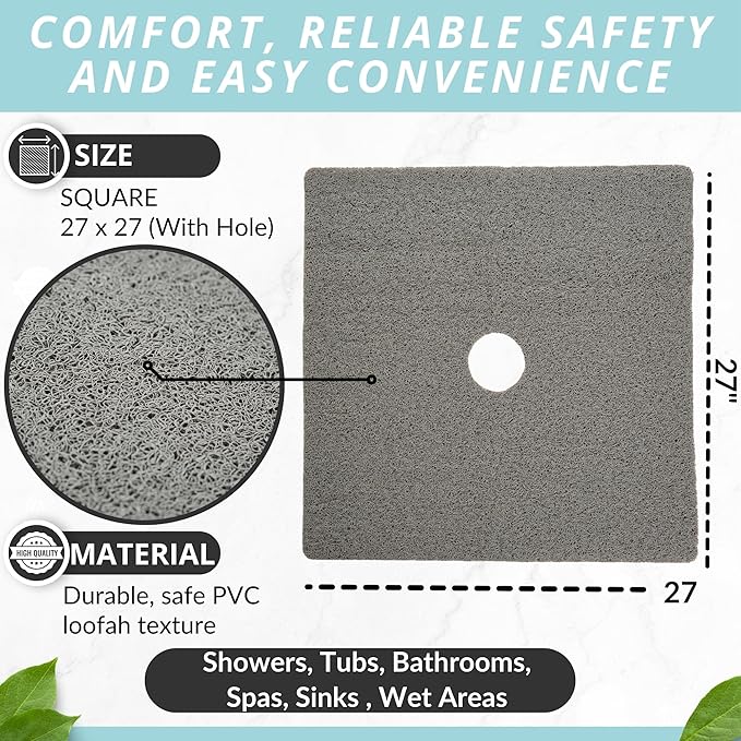 Enkosi Loofah Shower Mat with Drain Hole – Cushioned Anti-Slip Square Bath Mat for Showers, and Bathroom Floors – Textured PVC, Non Slip Safety Pad for Walk-in Stalls and Wet Areas (27x27 Grey)