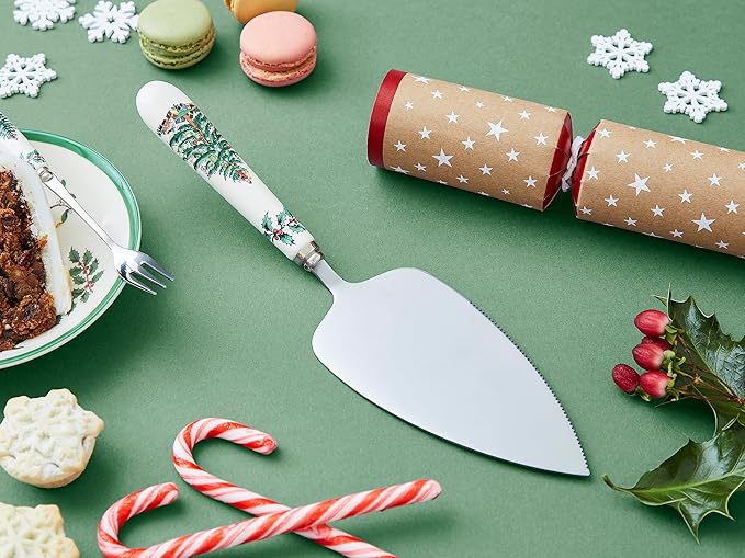 Spode Christmas Tree Cake Server, 10.5-Inch Stainless Steel Cake Knife with Fine Porcelain Handle, Holiday Dessert Flatware, Festive Christmas Utensil, Elegant Holiday Table Setting Addition