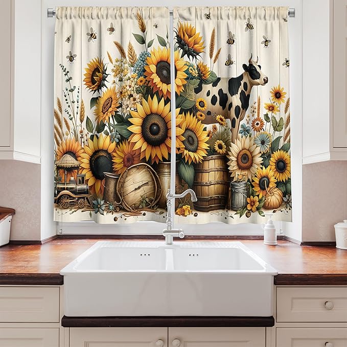 Ambesonne Farmhouse Kitchen Curtains, Rustic Themed Print of Cow and Sunflowers Blooming Cottagecore, Window Drapes 2 Panel Set for Kitchen Cafe Decor, 55" x 30", Mustard Eggshell Cocoa
