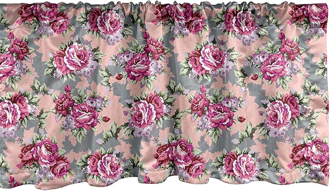 Ambesonne Peony Window Valance Pack of 2, Repetitive Vibrant Tones Modernized Flowers Print, Rod Pocket Curtain Valances for Kitchen Bedroom, 42" X 12", Pink Blush Grey