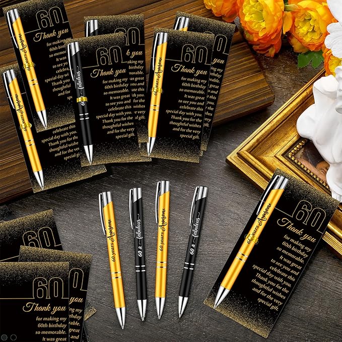 25 Sets 60th Birthday Themed Party Favors for Guests Including Birthday Ballpoint Pens and Black Gold Thank You Cards for Guests New Year Anniversary Appreciation Gifts