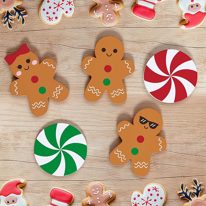 Gingerbread Christmas Decorations Tiered Tray Decor, 5 Pcs Gingerbread Candy Wooden Signs Table Decor for Home Kitchen Office