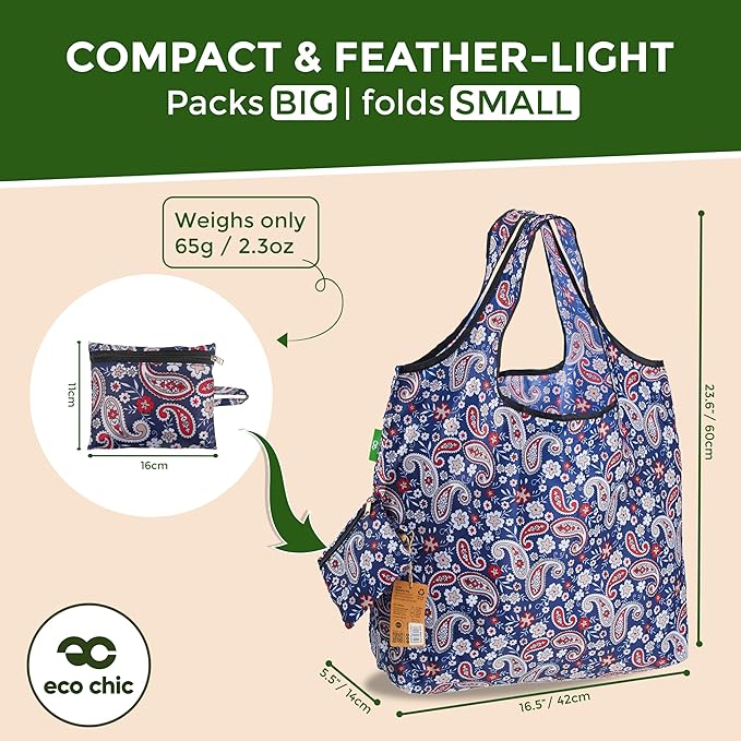 ECO CHIC Foldable Reusable Large Grocery Bags - Foldable Grocery Bags - Lightweight, Recycled & Reusable Shopping Bag - Waterproof, Packable Tote Fitting in Fine Grocery Bag Carrier