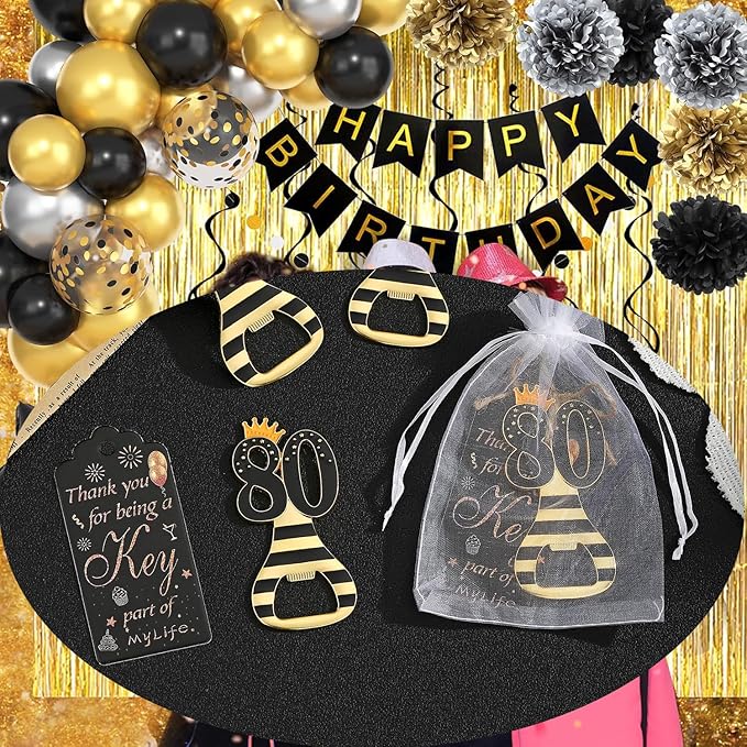 24pcs 80th Gold Keychain Bottle Opener 80th Birthday Party Favors, 80 Keychain Beer Bottle Opener Favors Anniversary Souvenirs Return Gifts for Guests Party Decor Supplies (black 80)
