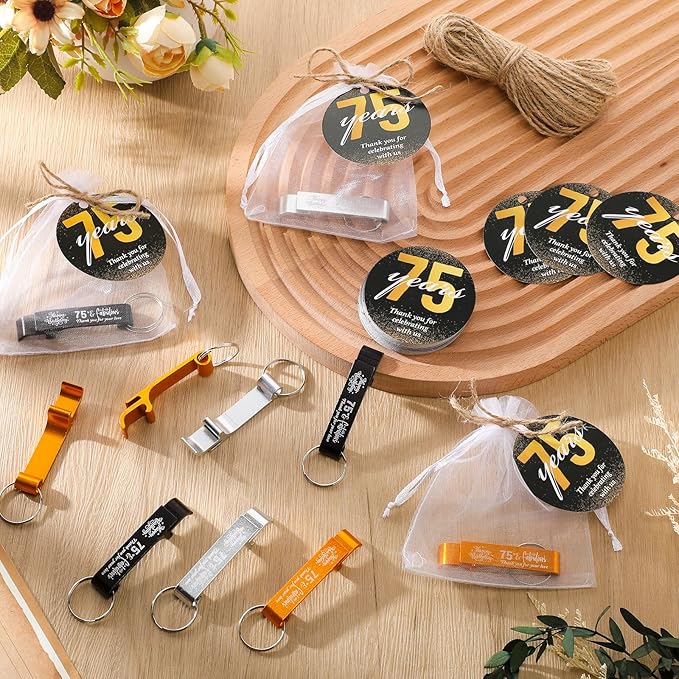 Dandat 54 Sets 75th Birthday Party Favors for Guests Birthday Beer Opener Keychain Cheers to 75 Bottle Opener Keychain with Thank You Cards and Gift Bags for Anniversary Wedding Party Favors