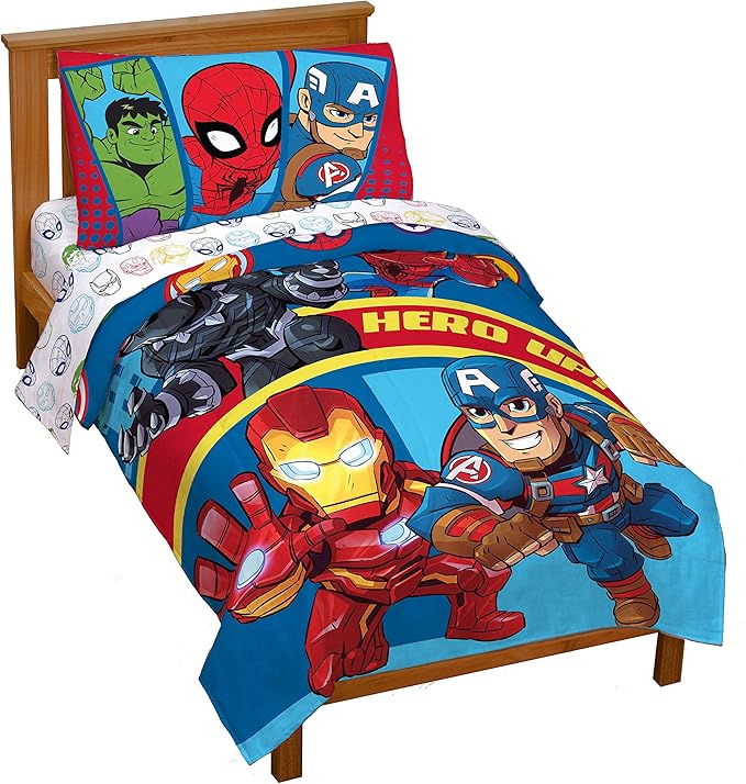 Jay Franco Marvel Super Hero Adventures Double Team 4 Piece Toddler Bed Set Super Soft Microfiber Bed Set-Bedding Features Captain America,Spiderman, Iron Man & Black Panther Official Marvel Product