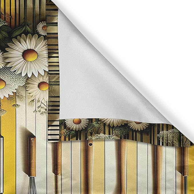 Ambesonne Summer Valance & Tier Curtain 3 pcs Set, Dotted Butterflies with Stripes and Blossoming Daisy Meadow Print, Window Treatments for Kitchen Room Decor, 55" x 36", Yellow Reseda Green and Beige