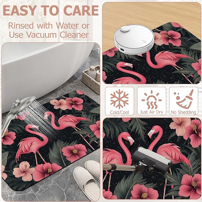 Bath Mat,Pink Flamingos Bathroom Rugs,Quick-Drying Non-Slip Rubber Bath Mats Hibiscus Flowers Absorbent Diatomaceous Earth Mat for Bathroom Home Decor 17"x29.5"