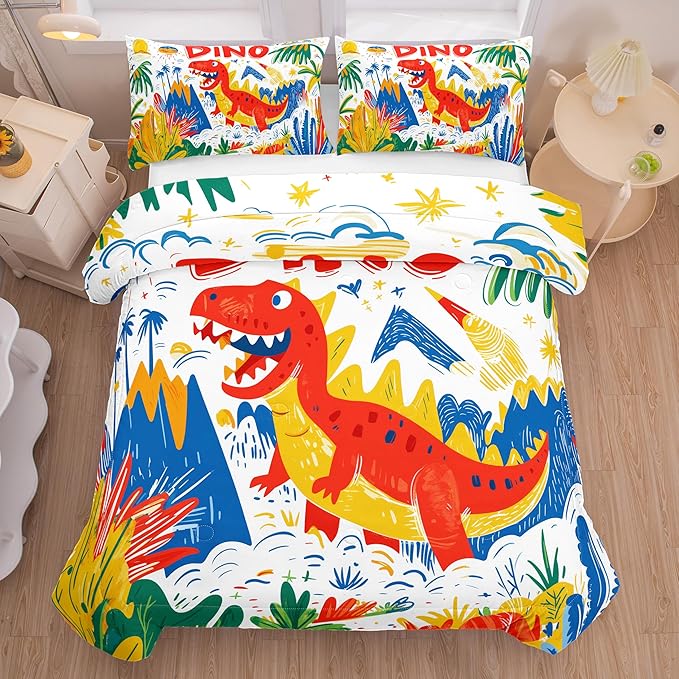 Helloosun 5PCS Dinosaur Comforter Sets Full,Cartoon Dinosaur Bedding Sets for Kids,Colourful Toddler Comforter Full