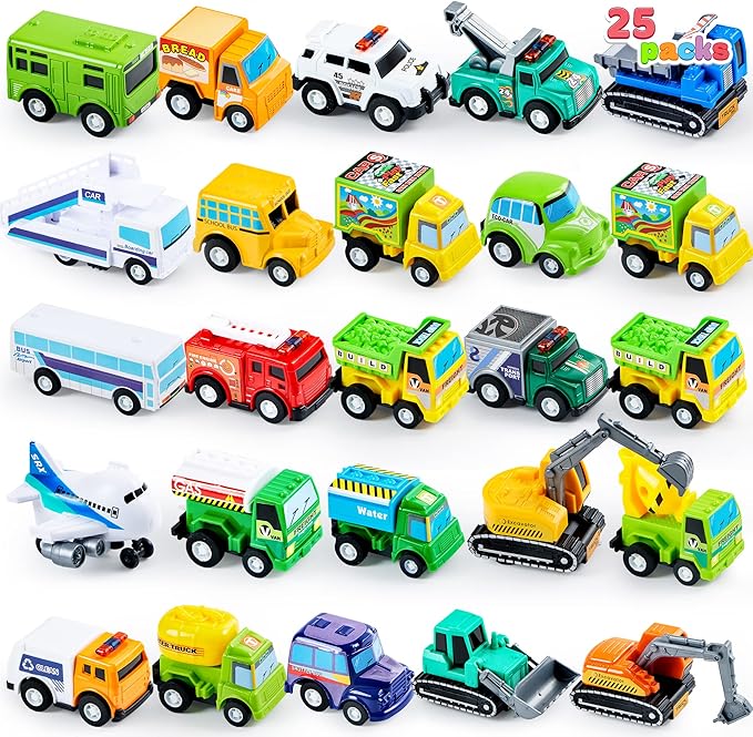 JOYIN 25 Pieces Pull Back Cars and Trucks Toy Vehicles Set for Toddlers, Girls and Boys Kids Play Set, Party Favors, School Gifts, Goodie Bags Stuffers for Kids, Christmas Birthday Gifts