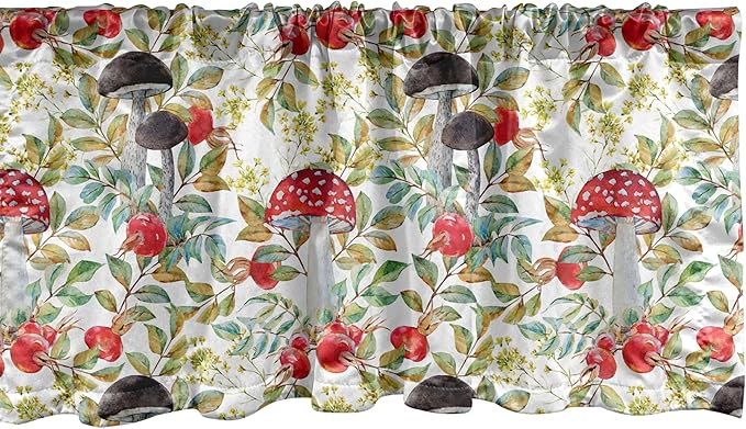 Ambesonne Watercolor Window Valance Pack of 2, Hand Drawn Dogrose and Mushrooms Autumn Leaves Berries Amantias Nature Inspired, Rod Pocket Curtain Valances for Kitchen Bedroom, 54" X 18", Red Green