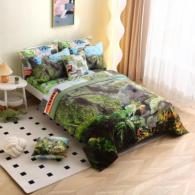 Dinosaur Bedding Set - 9Pc Full Comforter Set with Sheets for Kids, 3D Dinosaur Comforter & Sheets
