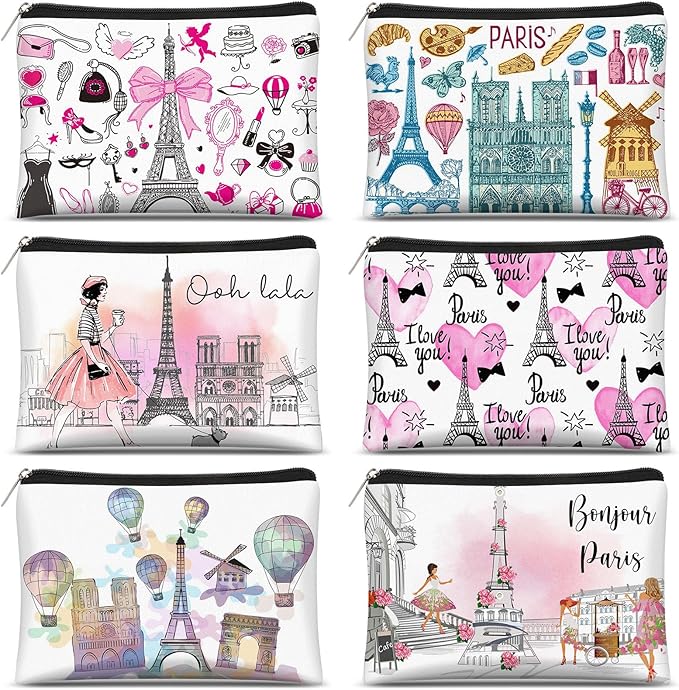 Reginary 6 Pcs City Cosmetic Bag Souvenir Gifts New York Zipper Pouch Chicago Souvenir Seattle Boston Nashville London Paris Italy Alaska Gifts Memento for Women Traveler(Paris)