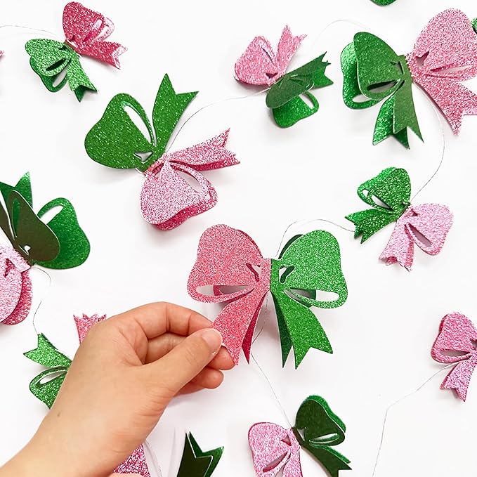 6PCS Pink and Green Party Decorations 3D Green Pink Conquette Bow Garland Witch Party Decorations Double Layer Bow Banner Streamers for Girls Witch Kids Wizard Birthday Baby Shower Decor Supplies
