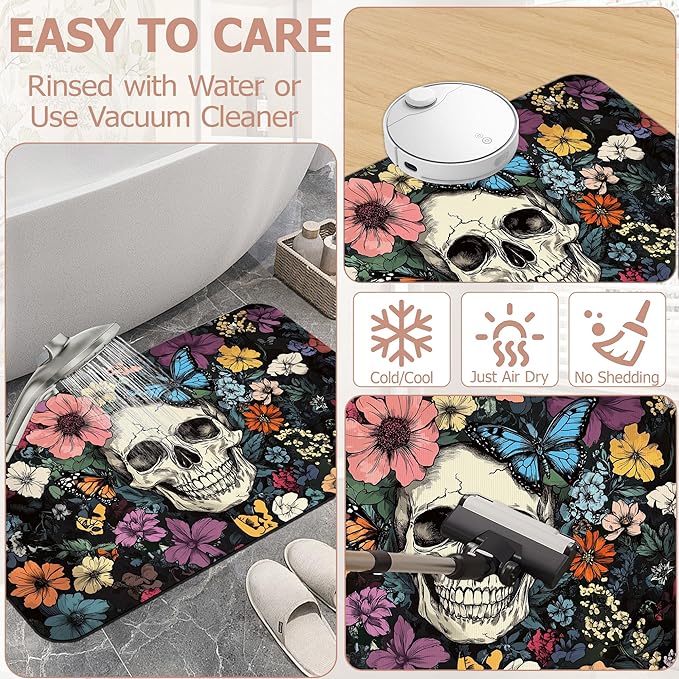 Abstract Skull Bathroom Rugs,Bath Mats for Bathroom,Mexican Skeleton Butterfly Low Pile Absorbent Bath Mat,Rubber Backing Non Slip Washable Thin Quick Dry Door Mat 17x29.5 Inch