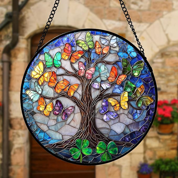 Stained Glass Window Hanging, Butterfly Tree Clover Sun Catchers Glass Panel Blue Suncatcher Decor for Birthday for Women, Men, Wife, Aunt, and Mom 11.8x11.8 in