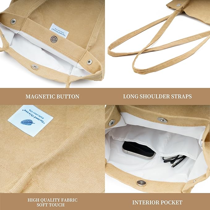 Corduroy Tote Bag Cute Tote Bags for Women Shoulder Bag with Inner Pocket for Work Beach Travel and Shopping Grocery